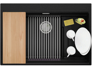 Evier cuisine granit 1 bac sans égouttoir avec espace pour les accessoires et pour la planche à découper Oslo 45 Pocket + Cadeau