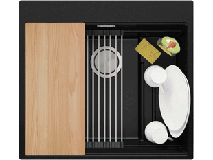 Evier cuisine granit 1 bac sans égouttoir avec espace pour les accessoires et pour la planche à découper Oslo 45 Pocket + Cadeau
