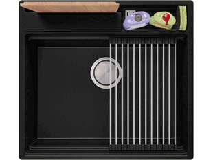 Evier cuisine granit 1 bac sans égouttoir avec espace pour les accessoires et pour la planche à découper Oslo 60 Pocket Multilevel+ Cadeau