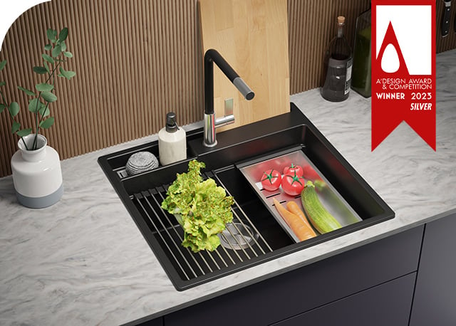 Evier cuisine granit 1 bac sans égouttoir avec espace pour les accessoires  et pour la planche à découper Oslo 45 Pocket Multilevel + Cadeau - Primagran