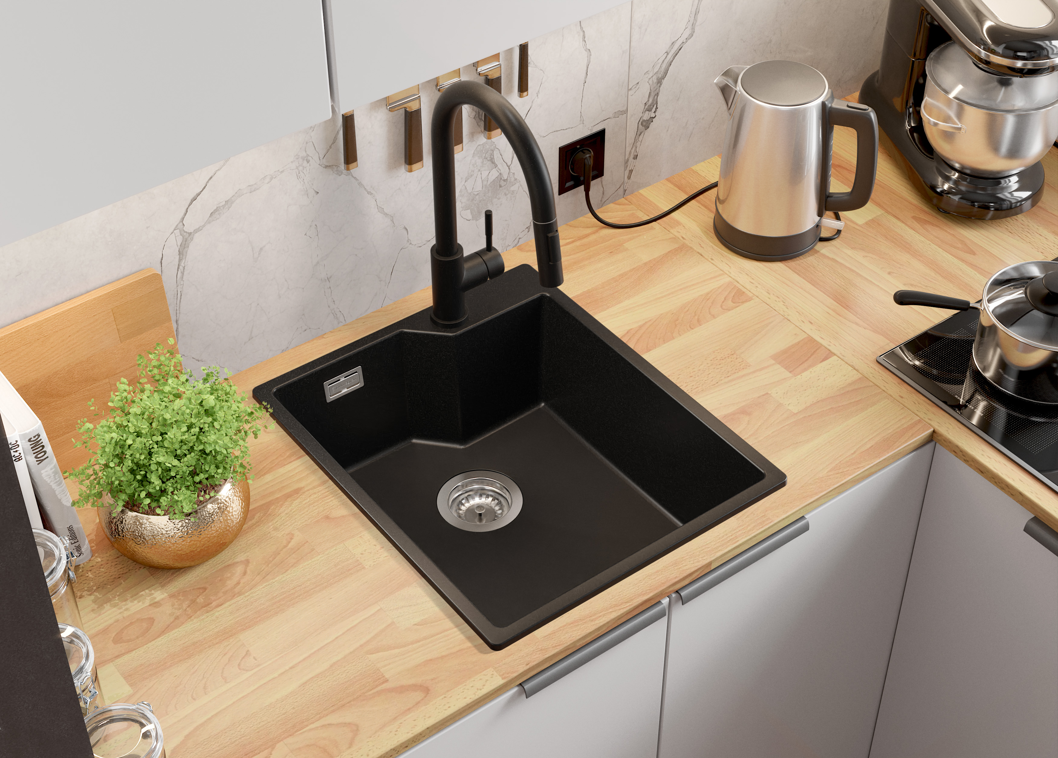 Evier cuisine granit 1 bac sans égouttoir avec espace pour les accessoires  et pour la planche à découper Oslo 45 Pocket Multilevel + Cadeau - Primagran
